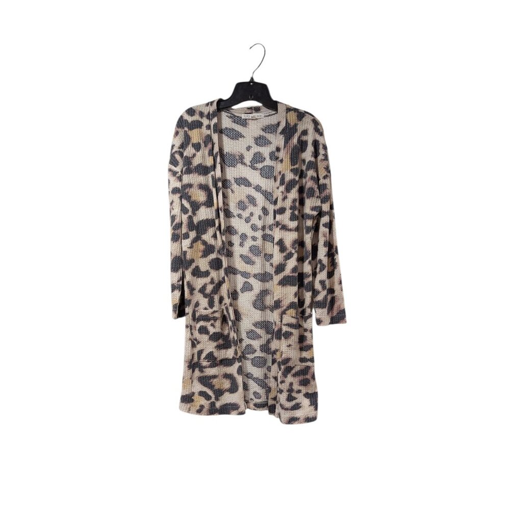 Lola Grace Leopard Print Waffle Knit Pocketed Open Bold Casual Cardigan Sz M